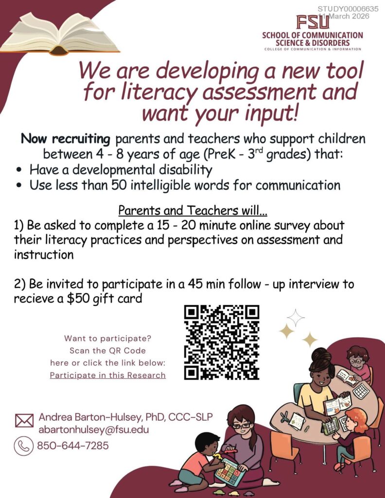 Image of the recruitment flyer that advertises the QR code to link to the survey and shows pictures of teachers and children using AAC while reading together. 